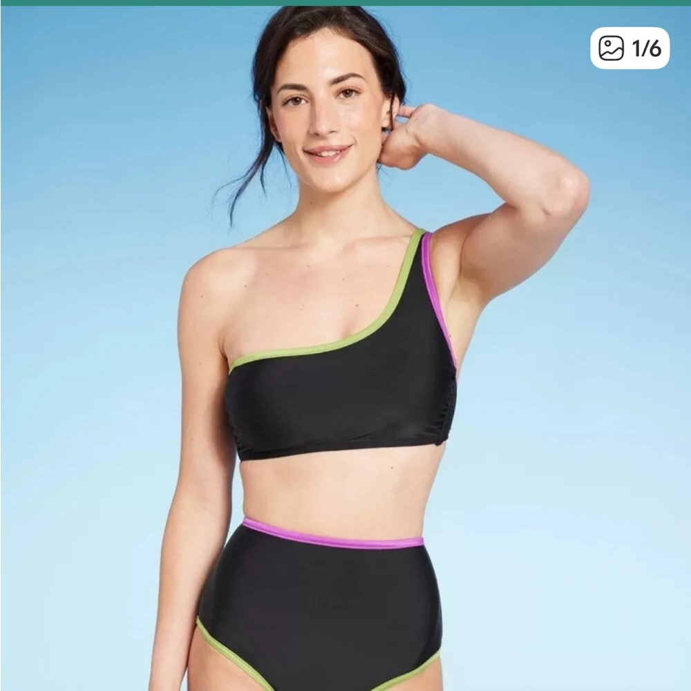 New Shade & Shore Black and Purple Sports swim Bra one shoulder D/DD